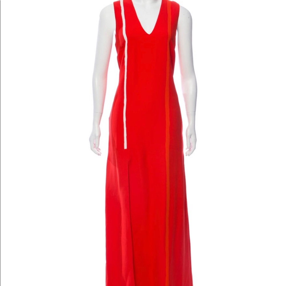 Lisa Perry long red silk dress w white stripe/slit